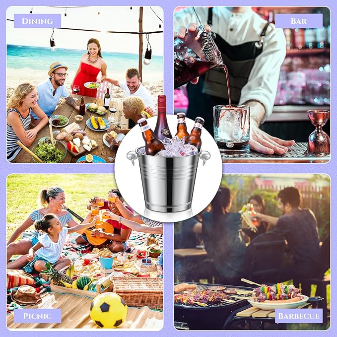 Amyhill 8 Pack Stainless Steel Ice Bucket 5.3 Quart/ 5 Liter with Handle Large Insulated Champagne Buckets Beer Bucket for Cocktail Bar Wine Parties Chilling Wine Champagne Home(Silver)