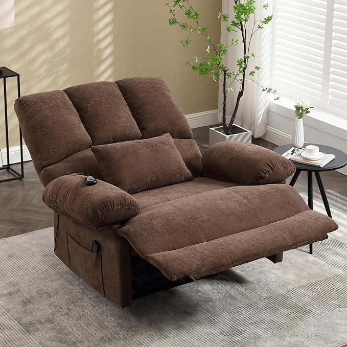 Oversized Power Recliner Chair 350lb with Hidable Cup Holders, Extra Wide Large Big Electric Recliner Chair with Lumbar Support Pillow Nursery Chair Living Room (Power, BROWN-ET6008)