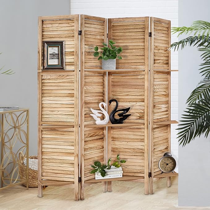 Room Divider with Shelves, Privacy Screen, Room Dividers and Folding Privacy Screens, 4 Panel Wood Temporary Wall Partition Separation Separator, Natural