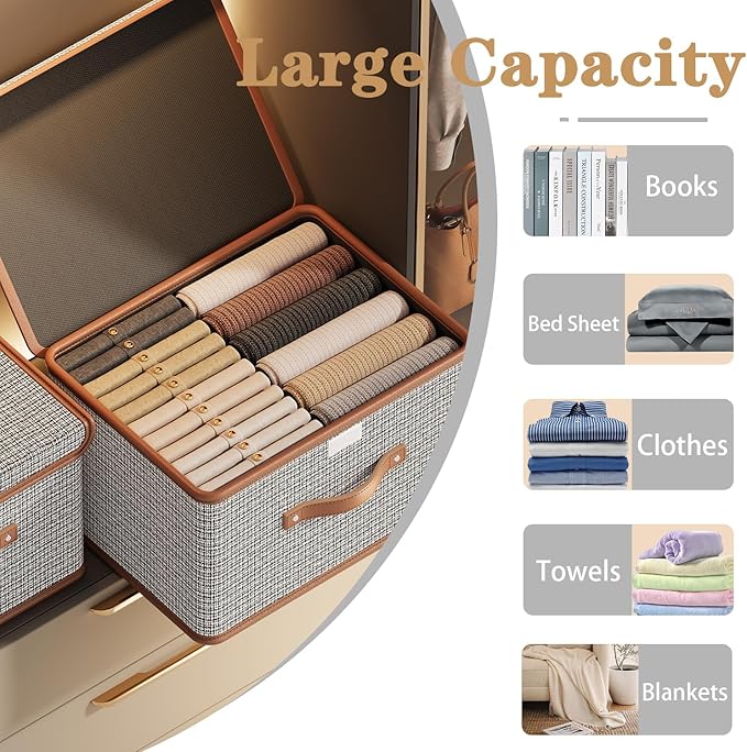 Tuza 4 Pack Storage Bins with Lids, Collapsible Closet Organizer Container, Fabric Organizer Box with Handles, Decorative Storage Boxes with Lids for Organizing Clothes, Sheet, Light Grey, Extra Large