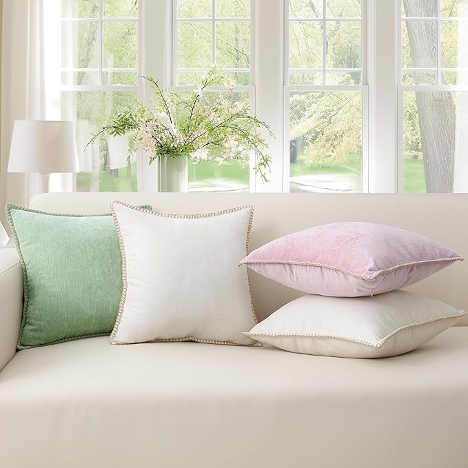 decorUhome Chenille Soft Throw Pillow Covers 20x20 Set of 2, Farmhouse Velvet Neutral Decorative Euro Pillow Covers with Stitched Edge for Couch Sofa Bed Home Decor, Cream White