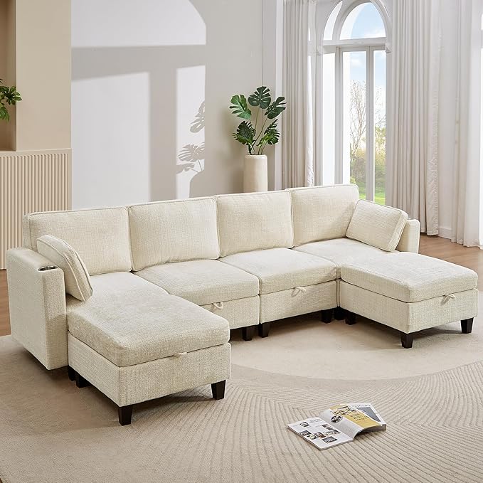 110" Modular Sectional Sofa, Convertible Sleeper Sofa Couch Bed with Adjustable Backrest, U-Shaped Chenille Cloud Couch with Ottoman Storage, Deep Seat Couches for Living Room,Beige