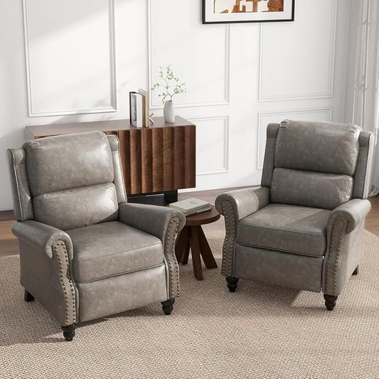 UIXE Pushback Recliner Chairs Set of 2, Faux Leather Armchair Push Back Accent Chair for Living Room, Rivet Trim Club Arm Chair Overstuffed Home Theater Single Sofa Reading Seat with Footrest - Gray