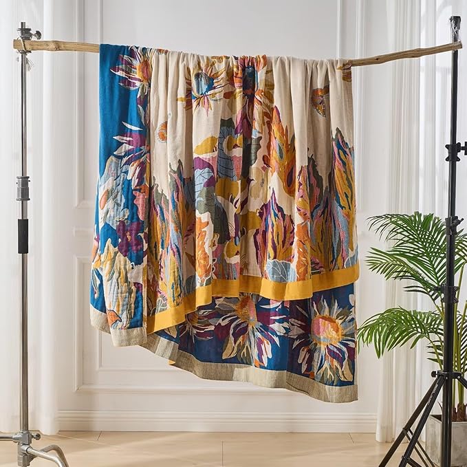 100% Cotton Boho Throw Blanket, King Size Living Room Reversible Fall Throw Blanket, Boho Floral Bird Colorful Retro Quilt Ultra Soft Reversible Gauze Blanket for All Season, 90"x98"