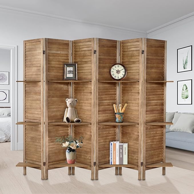 Room Divider with Shelves, Privacy Screen, Room Dividers and Folding Privacy Screens, 6 Panel Wood Temporary Wall Partition Separation Separator, Brown