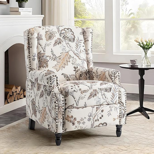 UIXE Pushback Recliner Chair, Fabric Upholstered Armchair Push Back Accent Chair for Living Room, Rivet Trim Home Theater Single Sofa Bedroom Reading Seat with Footrest - Beige Plants