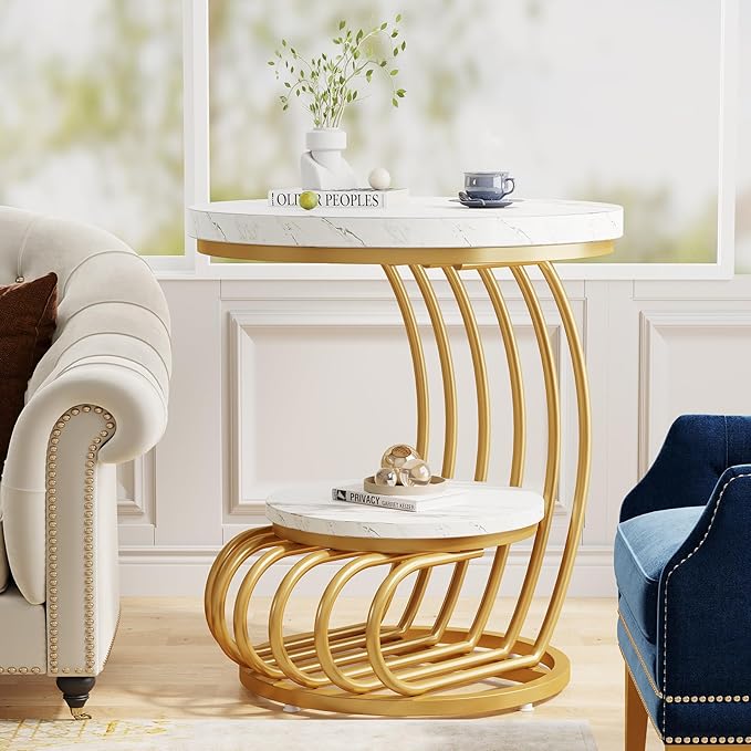 Tribesigns Gold Round End Table: 2 Tiers Faux Marble Side Table with Storage Shelf, Modern White Gold Bedside Nightstand, Metal Arc-Shaped Frame Accent Table for Living Room, Bedroom