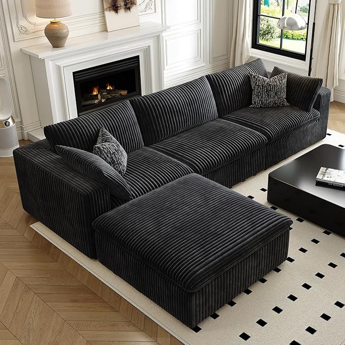 118" Cloud Couch Modular Sectional Sofa for Living Room,Modern Sofa with Deep Seat,L-Shape Boneless Couch with Ottoman,Comfy Upholstered Corduroy Couches for Apartment, Studio, Office,Bedroom,Black