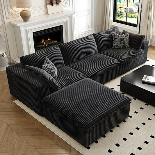 118" Cloud Couch Modular Sectional Sofa for Living Room,Modern Sofa with Deep Seat,L-Shape Boneless Couch with Ottoman,Comfy Upholstered Corduroy Couches for Apartment, Studio, Office,Bedroom,Black