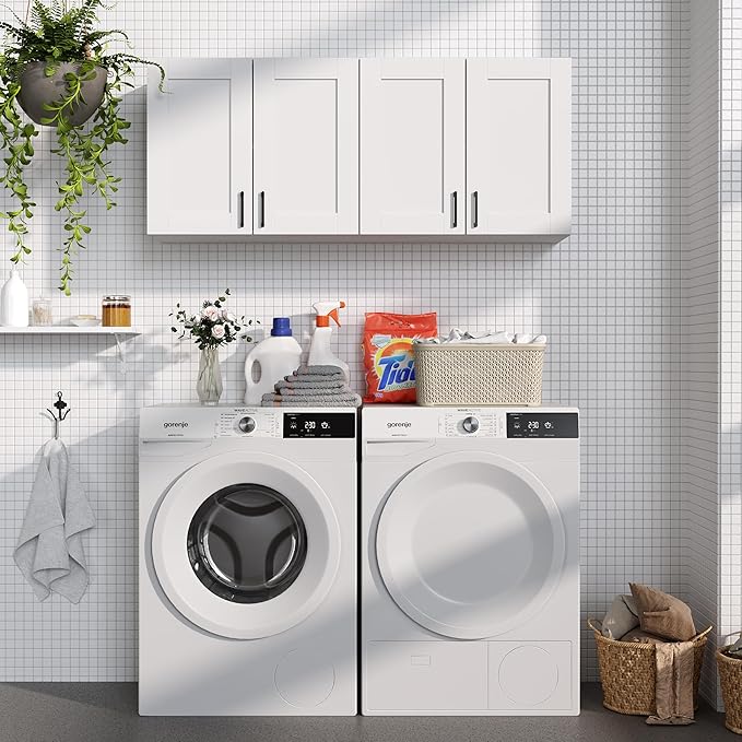 White Laundry Room Cabinets and Storage with 4 Doors and Utility Adjustable Shelf,Gabinetes Para Cocina Cupboard Kitchen Organizers and Storage Pantry Wall Mounted 12.4"D x 47.2"W x 19.7"H