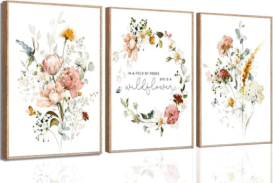 3Pcs Pink Flowers Canvas Wall Art In A Field Of Roses She Is A Wildflower Painting Picture Decor Watercolor Wreath Poster Print Artwork for Nursery living room Girls Room Home Decoration Unframed