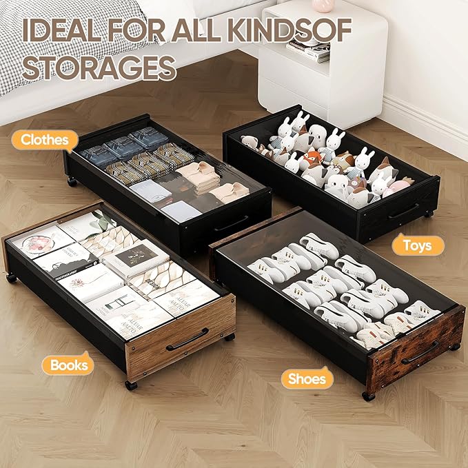 Wooden Under Bed Storage with Wheels, 80L Extra-large Rolling Under the Bed Storage Bins 2 Pack with Removable Lid, Upgrade Metal Under Bed Drawers for Clothes Shoes Blankets in Bedroom
