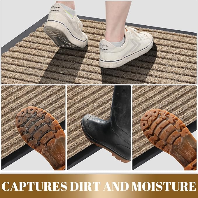 Yimobra Front Door Mat Outdoor Indoor Entrance, 100% Waterproof All-Season All Weather Doormat, Welcome Matt Outside Entry, Non Slip, Low Profile, Heavy Duty Patio Porch Floor Mats,29.5 x 17,Khaki