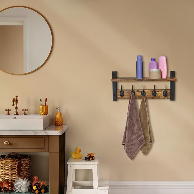 Sorbus Coat Hooks Wall Mount with Shelf – 16 Inch Coat Rack Wall Mount with 5 Heavy Duty Hooks – Floating Wall Shelf with Hooks for Entryway, Bathroom, Bedroom, Kitchen, or Mudroom (Rustic Brown)