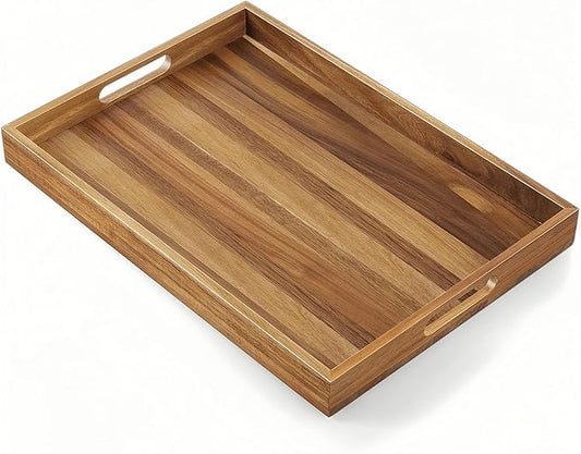 Acacia Wood Serving Tray with Handles - 17-Inch Large Wooden Tray for Ottoman - Perfect for Breakfast, Lunch, Dinner, Appetizers, Patio, Ottoman, Coffee Table,BBQ, Party – Great for Lap &Couch 
