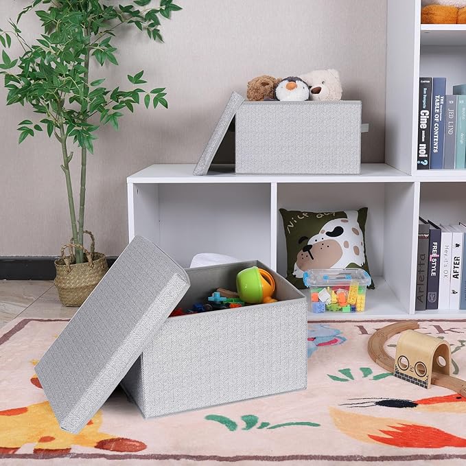 WUIKE 3 Pack Large Storage Bins with Lids, Fabric Closet Shelf Organizers, FoldableStorage Baskets with Cover for Bedroom, Herringbone Gray