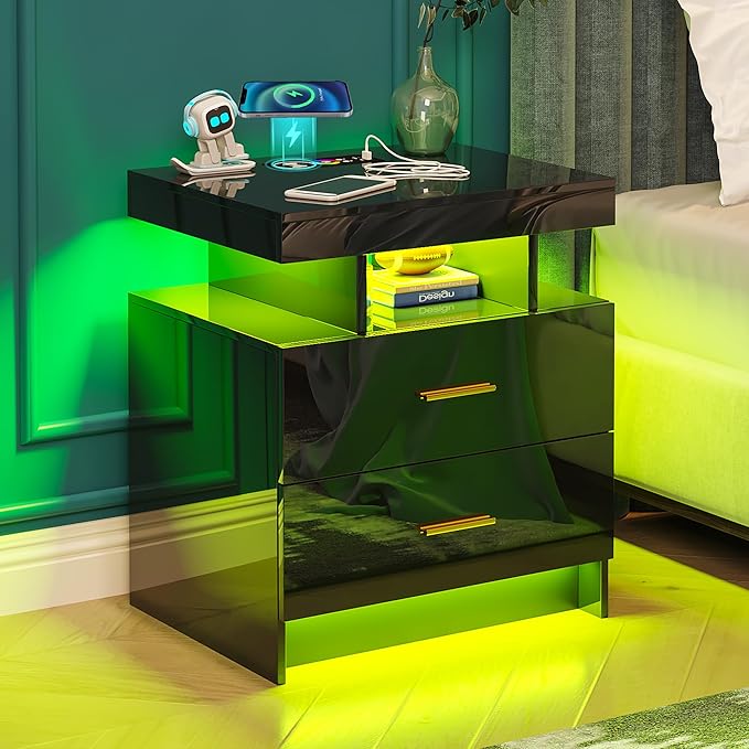 Night Stand with Light, High Gloss Nightstand with USB/Wireless Charging Station, LED Black Nightstands with Storage Drawers, RGB Side End Table for Bedroom Furniture(Black)
