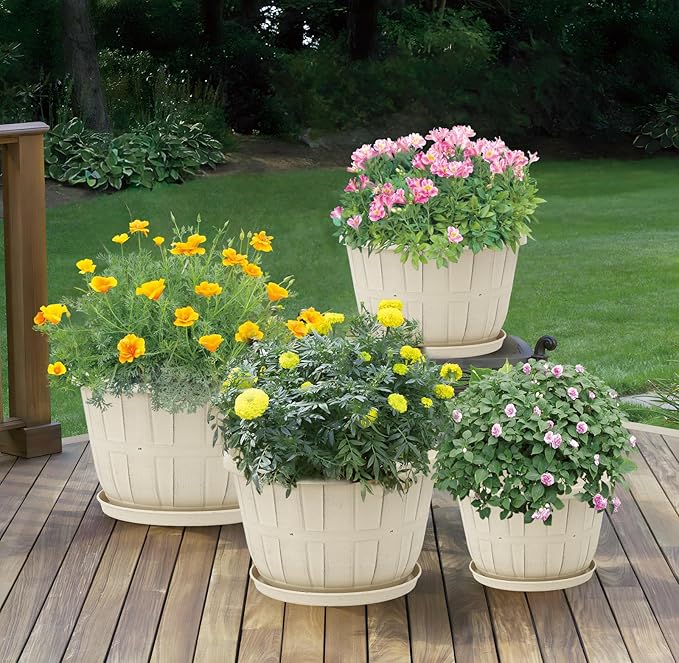 Quarut Plant Planters Pots Set of 4 Pack 16 Inch,Large Plastic Flower Pot for Indoor Plants with Drainage Holes & Trays, Whiskey Barrel Planters with Saucer for House Outdoor Garden Plant(White)