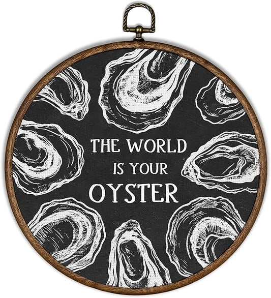 XBBMGG Black Vintage Oyster Wall Art Decor, Beach Nautical Round Wall Hanging Decor, Retro Ocean The World Is Your Oyster Framed Canvas Prints for Home Bedroom Living Room Decorations, 10x10inch