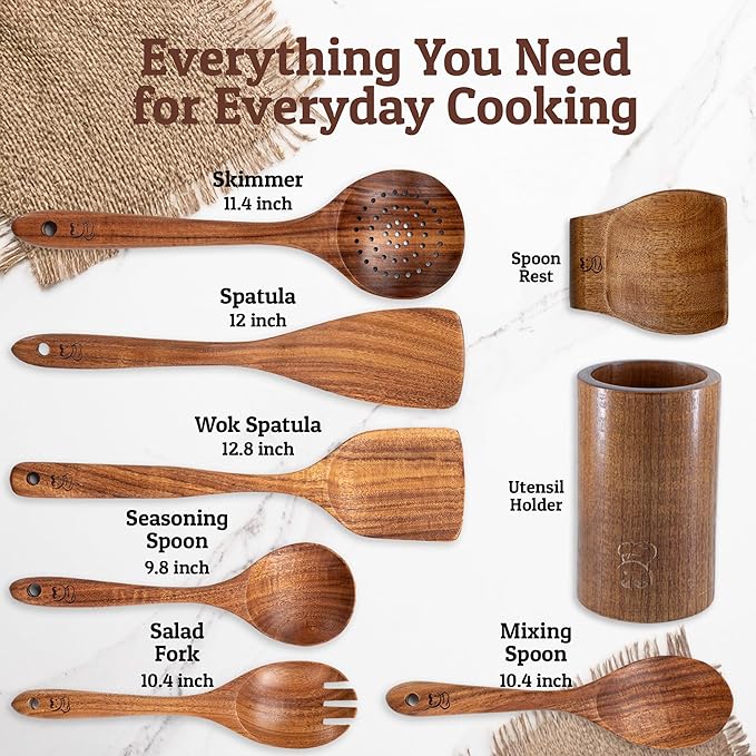 PriorityChef Premium Wooden Spoons for Cooking - 6pc with Utensil Holder, Spoon Rest and Hanging Hooks, Smooth Finish Teak Wooden Utensil Set, Heat-Resistant & Nonstick Safe, Ideal for Gifting