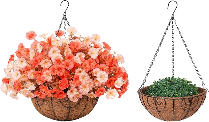 Artificial Fall Flowers Fake Hanging Plants Flowers Basket for Outdoors Autumn Decoration, Silk Morning Glory with Eucalyptus Look Real UV Resistant Faux Flowers for Outside Porch Patio Balcony, Mix