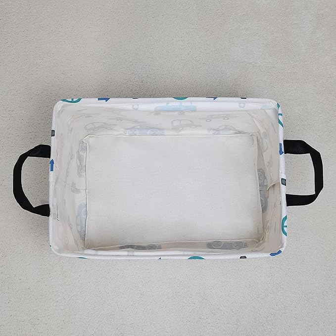 LANGYASHAN Rectangular Storage Bin Collapse Canvas Fabric Cartoon Storage Basket with Handles for Organizing Home Kitchen Boys and Girls Toys Office Closet Shelf Baskets(Rec Color Cars)