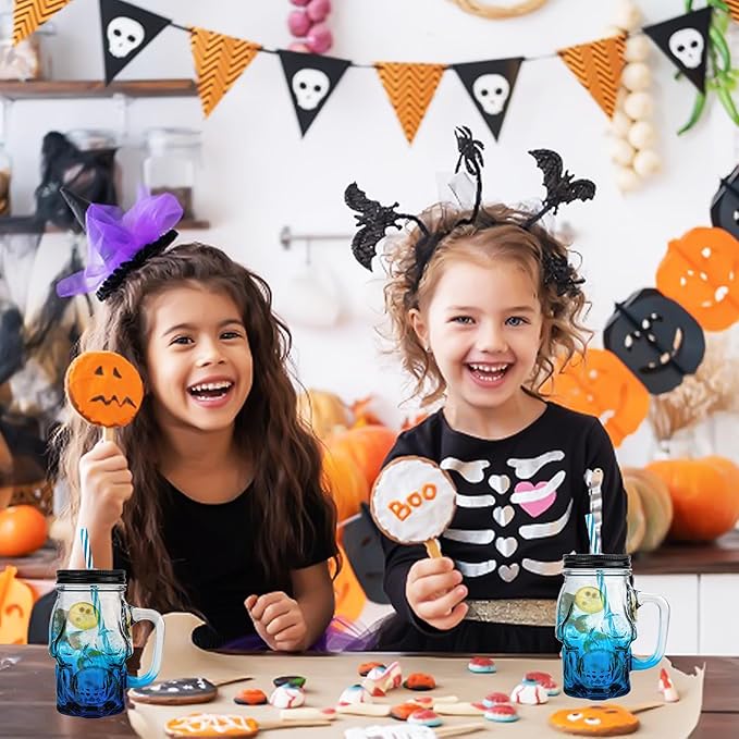 Halloween Cups Set of 4 - Blue Skull Glass Drinking Jar with Lids and Straws - Halloween Decor, Drinking Glasses 16 oz