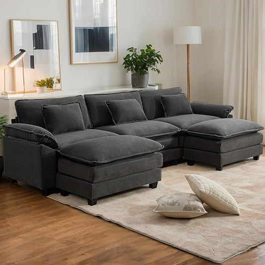 URRED Modular Sectional Sofa Comfy Cloud Couch, Modern Velvet Sofa Sleeper Deep Seat Couches with Ottoman/Pillows for Living Room (Dark Gray, 117'' - U Shape)