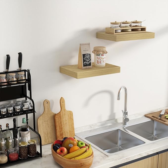 Fun Memories Floating Shelves for Wall - 10 x 16 Floating Shelf - Rustic Wood Storage Shelf - Wall Shelves with Invisible Bracket - 16" Bookshelves for Living Room & Bedroom - Oak - Set of 2