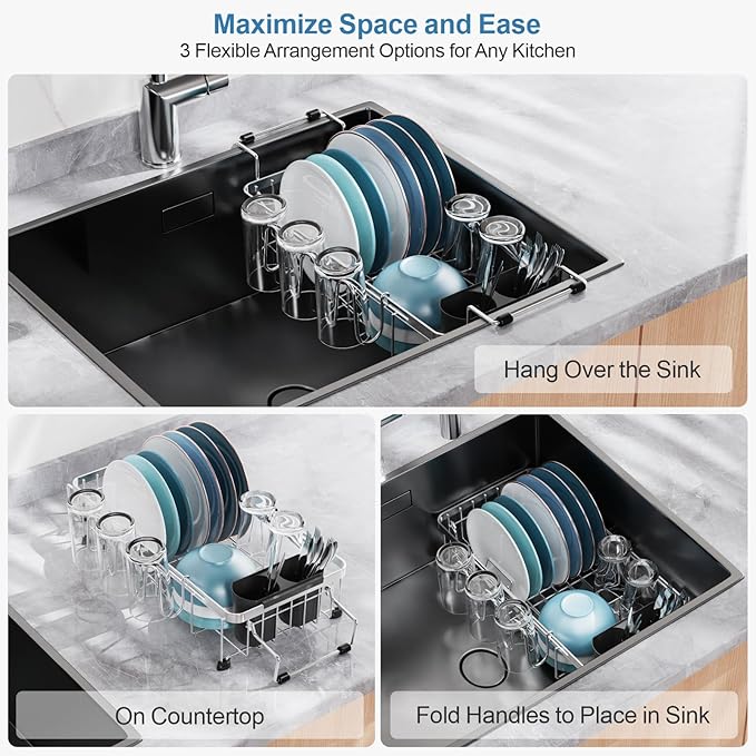 GSlife Expandable in Sink Small Dish Drying Rack - Stainless Steel Capacity Adjustable Over The Sink Dish Rack with Cup Holder (12" -16.8"), Dish Drainer for Kitchen Sink with Utensil Holder, Silver