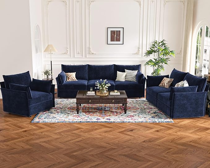 Oversized Loveseat Sofa, Modern Modular Sectional Couch Blue Fluffy Chenille Mid Century 2-Seat 24.5" Deep Seat for Apartment, Living Room, Bedroom