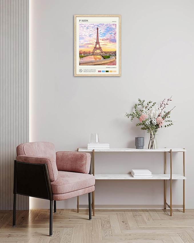 HesenDot Natural OAK Wood Framed Paris City Wall Art,12x16in Iconic Scenery Canvas Wall Print Posters,Classic Urban Landmark Wall Decor for Living Room,Bedroom,Office Gallery Set of 1