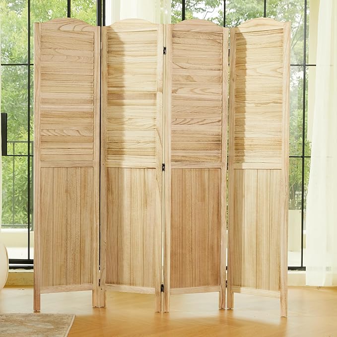 Room Partitions and Dividers, 68.9 Inch Temporary Wall with Double Hinges, Wooden Louver & MDF Stable Screens for Home Office Bedroom Coffeehouse Decoration (4 Panels, Wood Color)