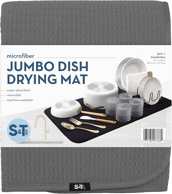 S&T INC. Dish Drying Mat Jumbo, 18” x 30”, Absorbent Microfiber Kitchen Counter Mat, Dish Drying Pad for Dishes, Utensils, Pots and Pans, Jumbo, Charcoal