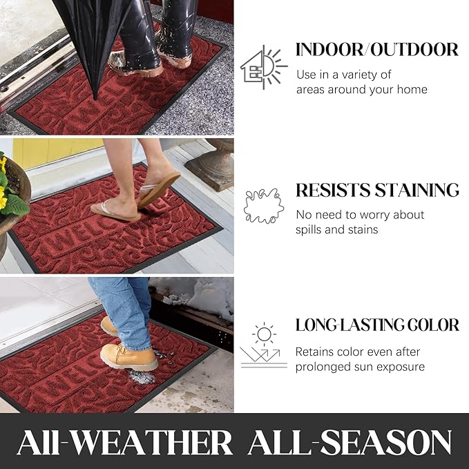 Yimobra Welcome Front Door Mat Outdoor, Heavy Duty Sturdy Non Slip Doormats, Rubber Backing, Low-Profile Entrance Rugs, Absorbent Resist Dirt, Easy Clean Patio Garage Floor Mats, 60X36 Inch, Wine Red