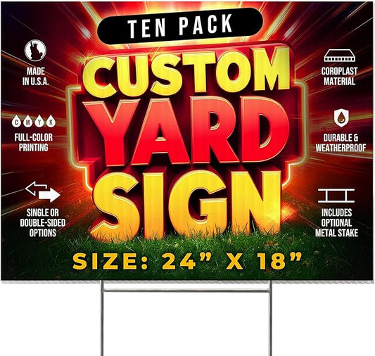 10 Pack 24"x18" Custom Yard Signs with Stakes, Personalized Yard Signs for Outdoors, Customized Full Color Print Corrugated Signs for Business