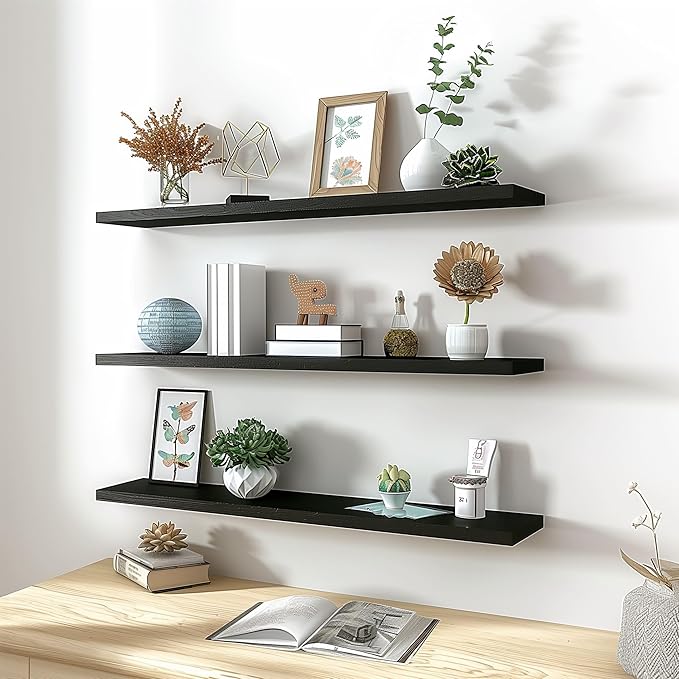 Wood Floating Shelves for Wall Decor, Rustic Wall Shelves for Bedroom Bathroom Kitchen Living Room, Set of 4 Black 36 Inch