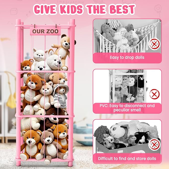 Stuffed Animal Storage & Organizer, Wooden Cute Zoo Toy Holder for Toddler Rooms, Playrooms & Bedrooms(Pink)