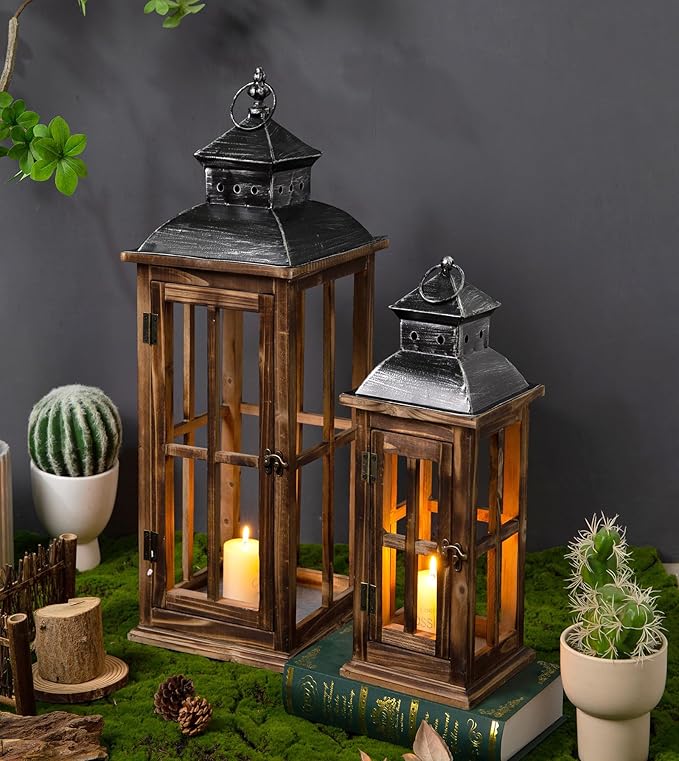 Large Farmhouse Decorative Wooden Lanterns Set of 2, Rustic Burnt Wood Floor Lanterns, Indoor/Outdoor Hurricane Lanterns for Home Decor (No Glass)