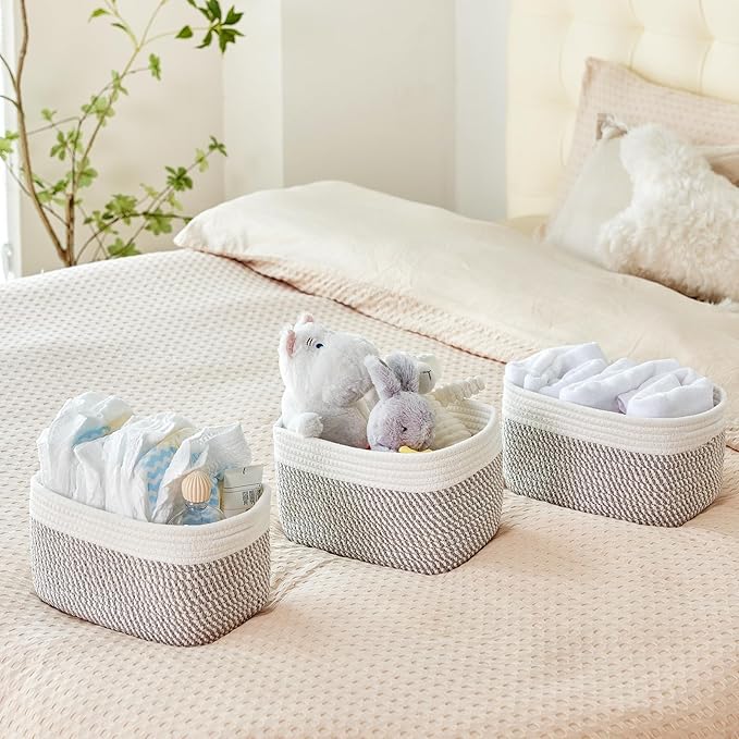 Small Cotton Rope Storage Basket Set of 3-11"x7"x7" Perfect Woven Baskets for Storage, Ideal Storage Baskets for Organizing Toys, Towels, and More - Baskets for Shelves(White & Mixed Grey)