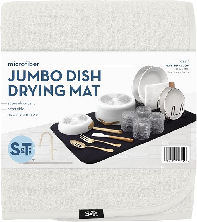 S&T INC. Dish Drying Mat Jumbo, 18” x 30”, Absorbent Microfiber Kitchen Counter Mat, Dish Drying Pad for Dishes, Utensils, Pots and Pans, Jumbo, Cream