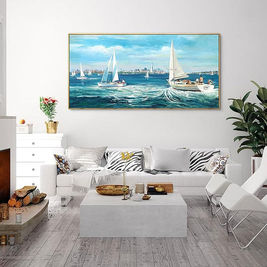 XLSJERST Blue Canvas Wall Art Seascape Painting - Landscape Picture Textured Navy Modern Sailboat Ocean Artwork Framed for Living Room Bedroom Bathroom Home Office Wall Decor Large Size 20"x40"