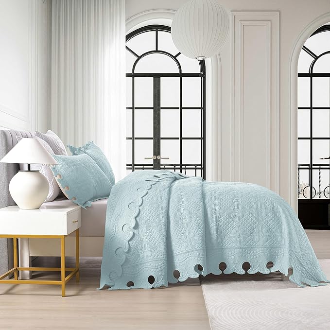 MarCielo 3-Piece 100% Cotton Oversized Bedspread Lightweight Quilt Coverlet Embroidery Farmhouse Bedding Set (TW Mint Green Blue, Oversized Queen (100"x106"))