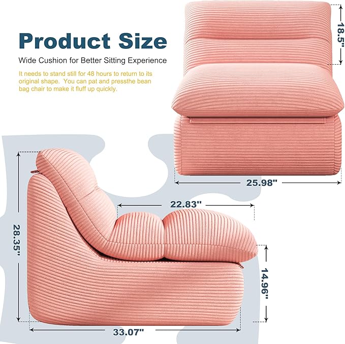 Misolant Bean Bag Chairs,Big Corduroy Fabric Sofa Bean Bag Chair for Adults and Teens with High-Resilience Sponge, Non-Slip Base Floor Lounge Sofa for Home, Living Room, Bedroom, Gaming Pink