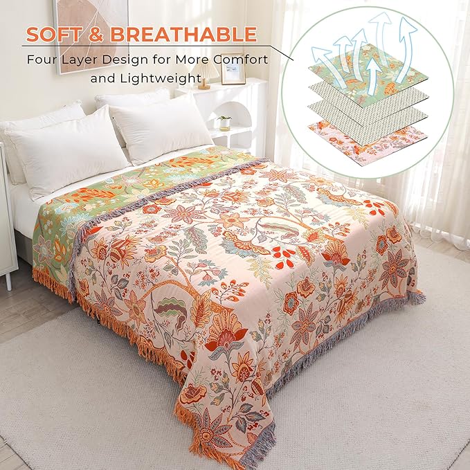 Boho Fall Throw Blanket for Bed,100% Ultra Cotton Soft Breathable Bed Throw Floral Printed Farmhouse Decor Rustic Bed Throws for Couch Sofa Quilt 60" x 80"-Orange& Sage Green