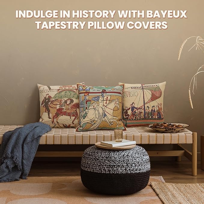 Charlotte Home Furnishings Bayeux Navigo Throw Pillow Cover 16" x 16" – Medieval Ship Decorative Tapestry Cushion Case for Sofa, Couch, & Bed | Cotton Jacquard Woven in Europe | Insert Not Included