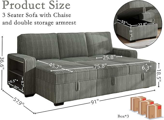 91-inch Reversible Sectional Sleeper