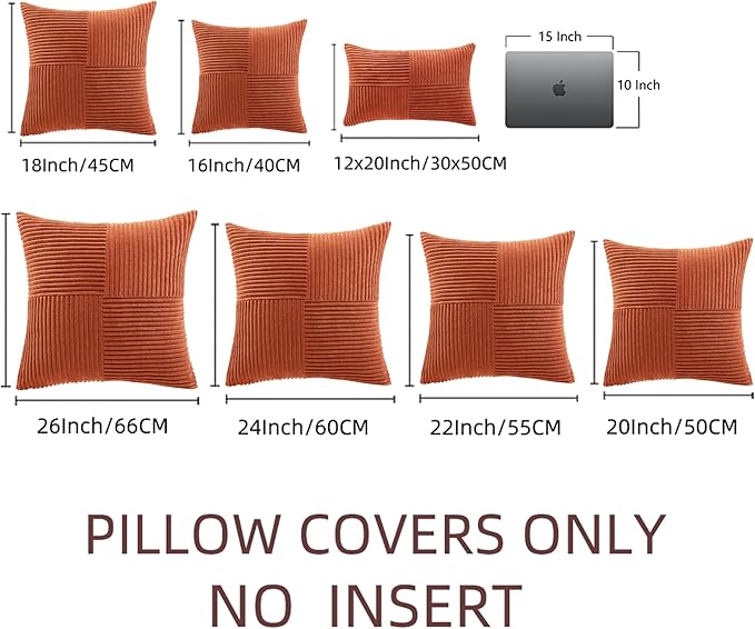 Fancy Homi Set of 2 Burnt Orange Decorative Throw Pillow Covers 24x24 Inch for Living Room Couch Bed, Boho Farmhouse Fall Home Decor, Soft Corss Corduroy Patchwork Textured Cushion Case 60x60 cm