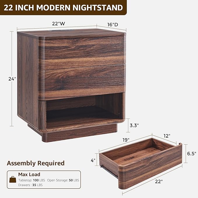 Nightstand with Charging Station, 22" Push-to-Open Bedside Table with 2 Storage Drawers, Large Modern End Table for Bedroom,Living Room,Brown