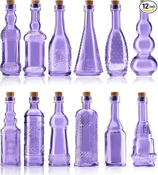 Small Mini Purple Vintage Glass Bottles with Corks, Mini Vases, Decorative Glass Bottle, Potion Bottles, Assorted Design Set of 12 pcs, 4.6 Inch Tall (11.43cm), 1.4 Inch Wide (3.56cm)